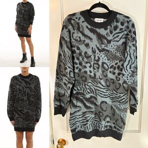 Kenzo XS Cheetah & Tiger Stripe Animal Print Wool Blend Sweater Dress